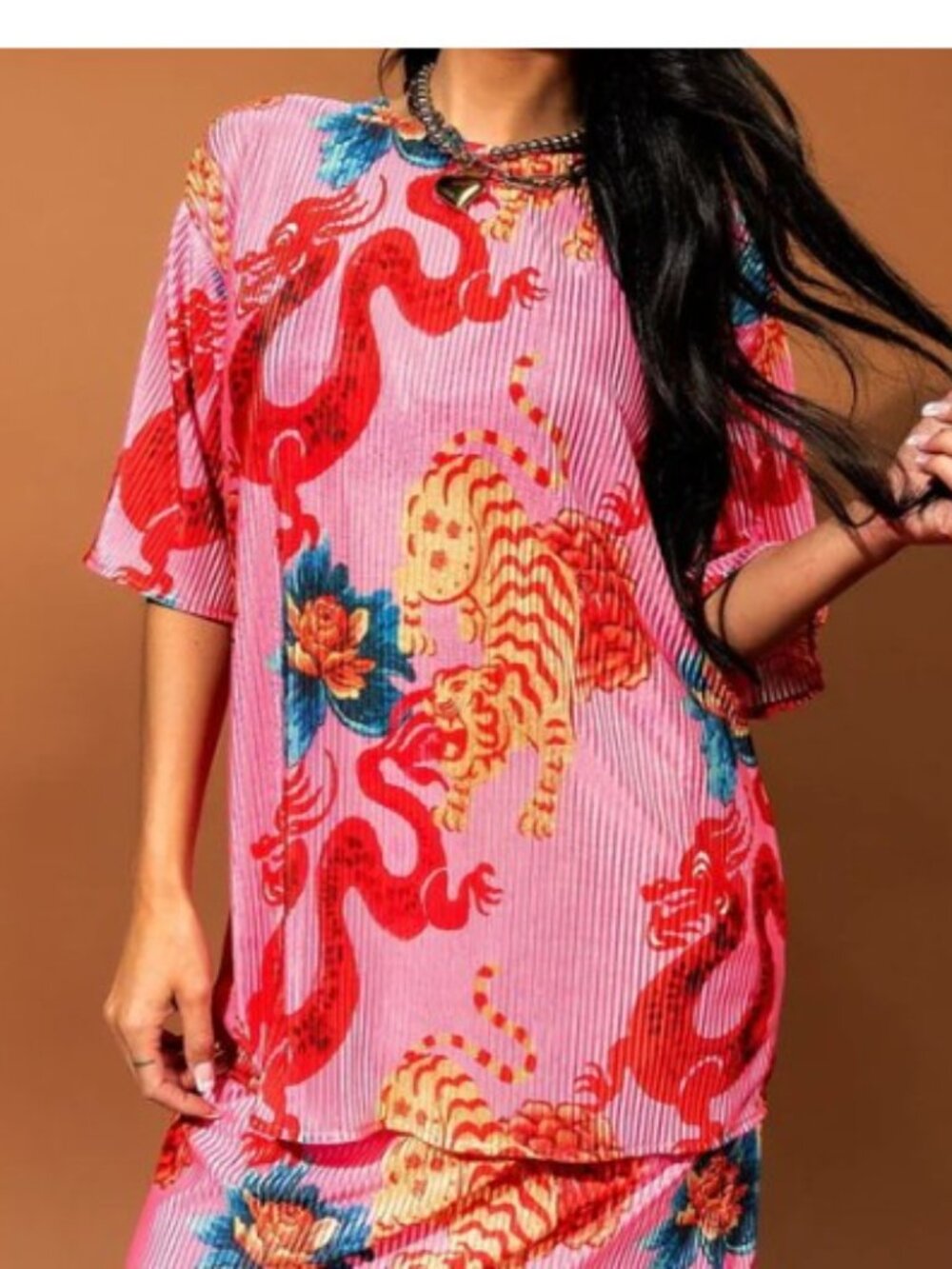 New Dressed in LALA Grunge Girl Plisse Year of the Dragon Top Sz M